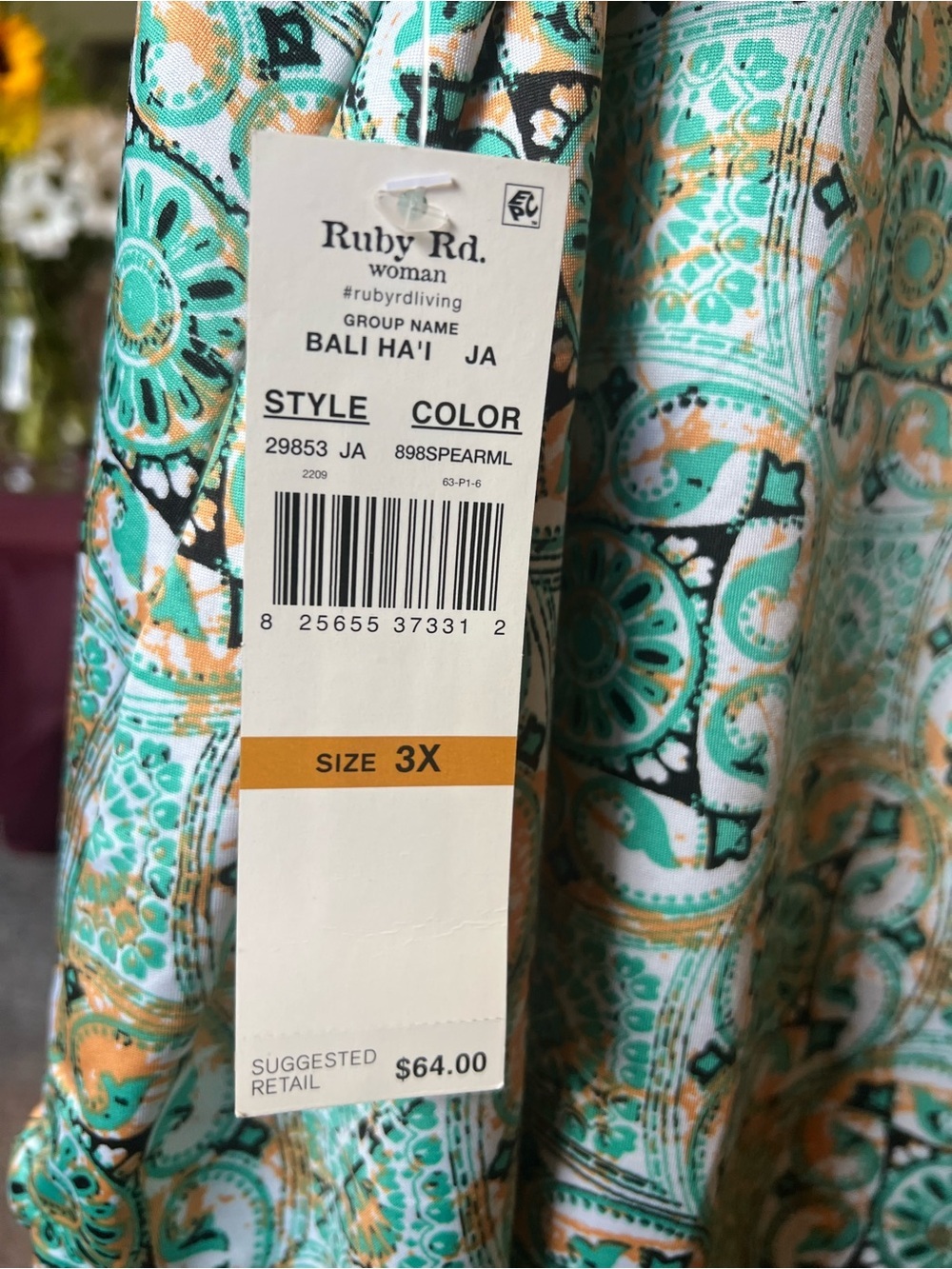 Ruby Rd. Turquoise & Peach Patterned Short Sleeve Tee - Picture 3 of 4